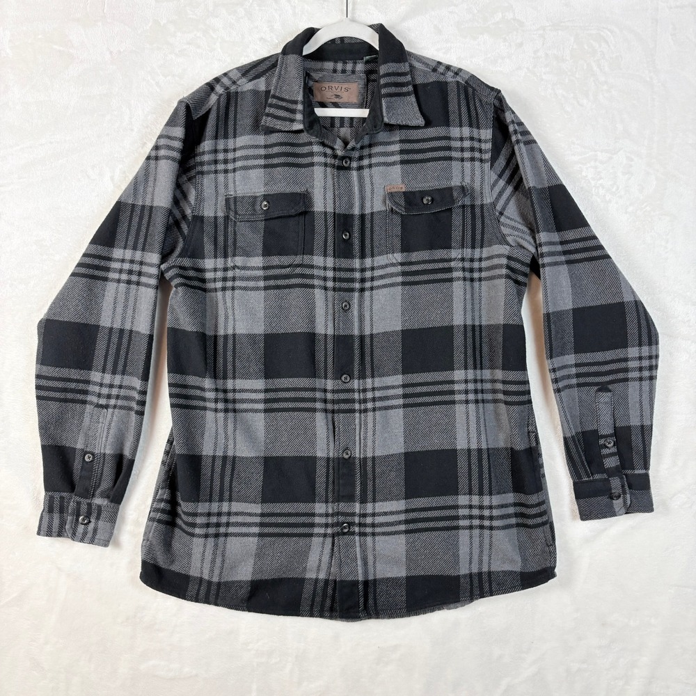 Orvis Flannel Shirt Jacket Mens XLT Grey Black Plaid Excellent Heavy Fleece